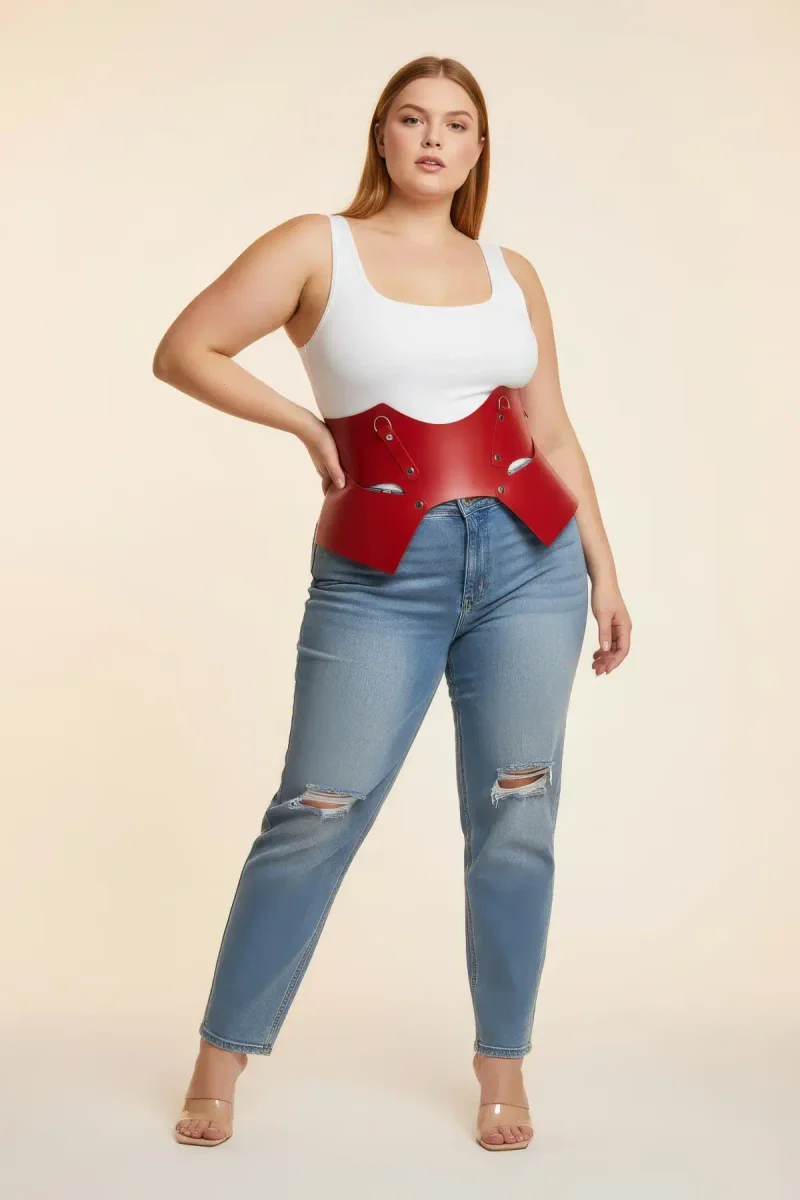 Red faux leather waist harness front