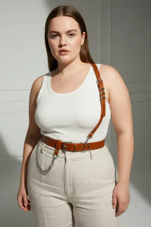 Plus Size Tan Women's Genuine Leather Shoulder Strap Body Belt with Chain Detail - APFT620