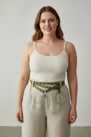 Plus Size Khaki Women's Belt, Chain and Ring Detailed Trend Model - APFT621