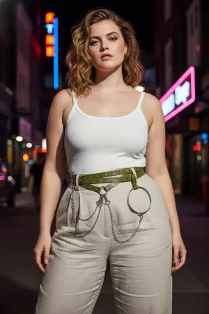 Plus Size Khaki Women's Belt, Chain and Ring Detailed Trend Model - APFT621