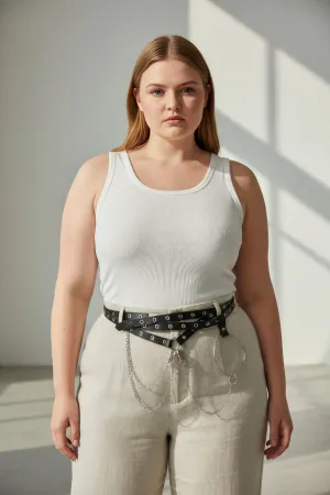 Plus Size Black Women's Belt with Multi-Layered Chain and Stud Detail - APFT621