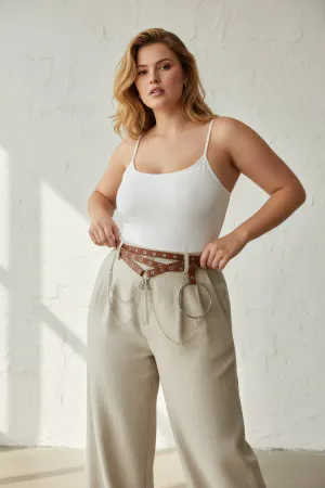 Plus Size Brown Women's Belt Chain Detailed Ring Dress Combination - APFT621