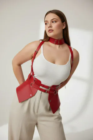 Plus Size Red Women's Belt Corset Design with Strap Harness Detail - APFT622