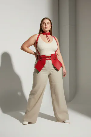 Plus Size Red Women's Belt Corset Design with Strap Harness Detail - APFT622