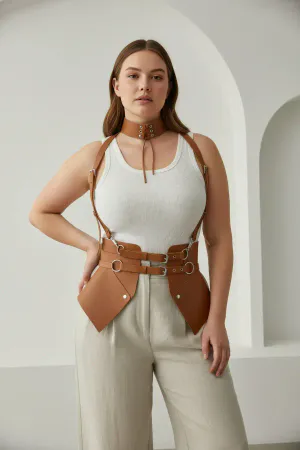 Plus Size Tan Women's Leather Corset Belt Suspender Body Accessory - APFT622