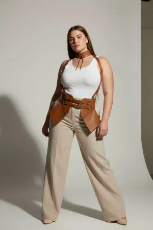 Plus Size Tan Women's Leather Corset Belt Suspender Body Accessory - APFT622