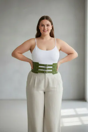 Plus Size Khaki Women's Belt Corset Style Three Buckle Wide Leather - APFT624