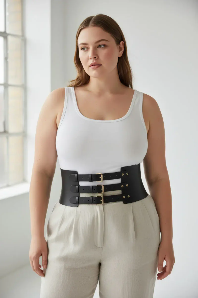 Wide Vegan Leather Waist Belt Outfit Idea in
