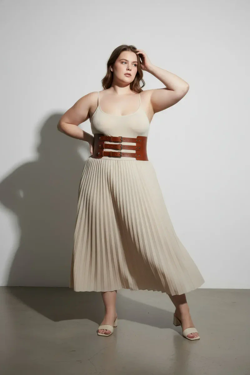 Wide Tan Faux Leather Waist Belt Styled