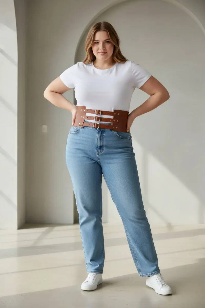 Fashion outfit brown wide waist cinch harness belt