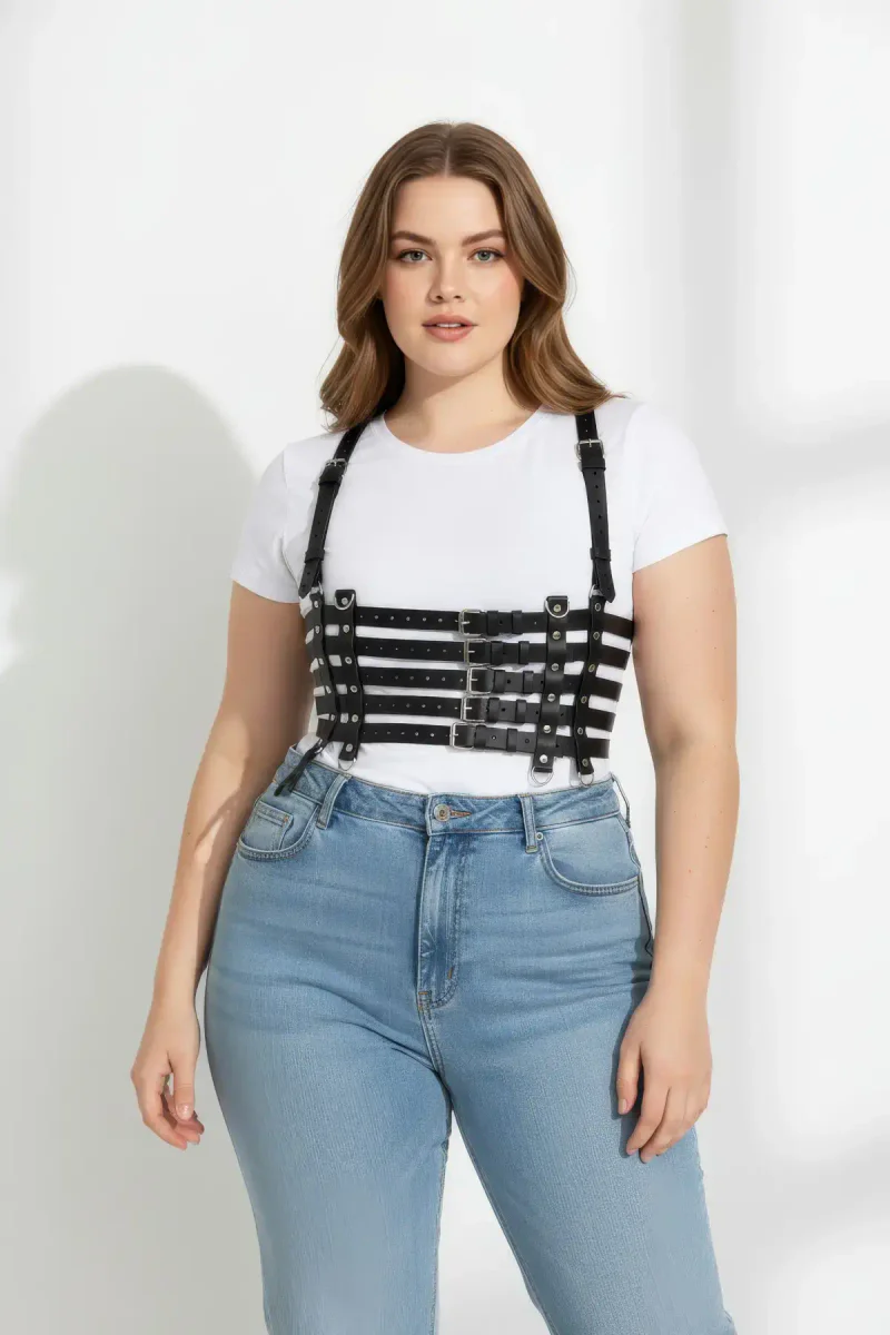 Black faux leather underbust harness front view