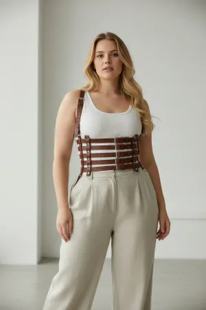 Large Size Tan Women's Belt, Corsage Style Multiple Straps Leather Combination Complementary - APFT630