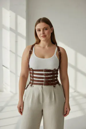 Large Size Tan Women's Belt, Corsage Style Multiple Straps Leather Combination Complementary - APFT630