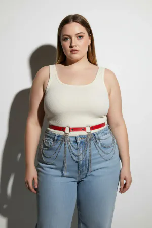 Large Size Red Women's Leather Belt with Chain Detail Outfit Accessory - APFT729