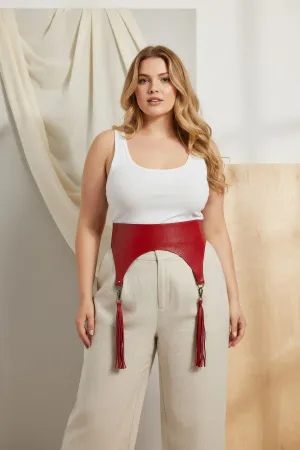 Plus Size Red Women's Belt Tassel Detailed Leather Corset Design - APFT755