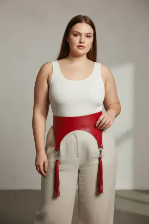 Plus Size Red Women's Belt Tassel Detailed Leather Corset Design - APFT755