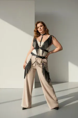 Plus Size Black Women's Belt Tasseled Leather Harness Body Accessory - APFT768