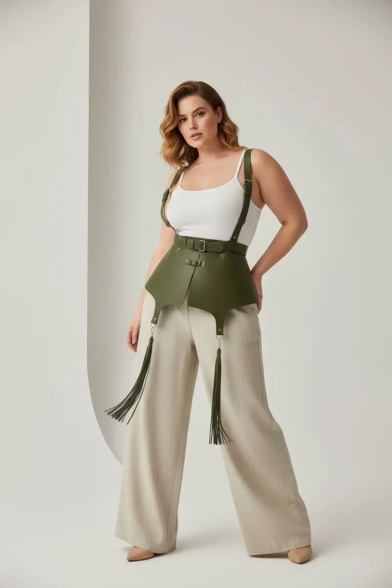 Khaki faux leather festival waist harness with