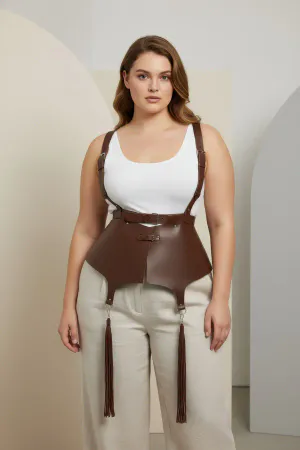 Plus Size Brown Women's Belt Corset Style Suspender Tassel Detailed Leather - APFT787