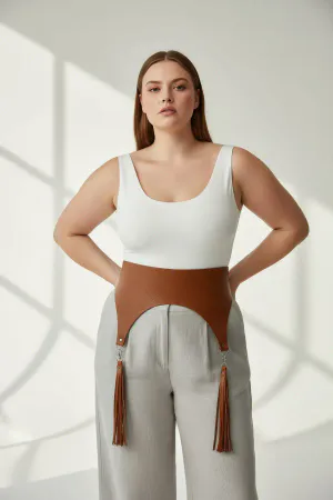Plus Size Tan Women's Belt Wide Corset Design with Tassel Detail - APFT788