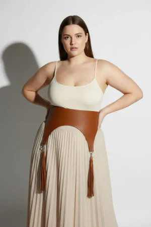 Plus Size Tan Women's Belt Wide Corset Design with Tassel Detail - APFT788