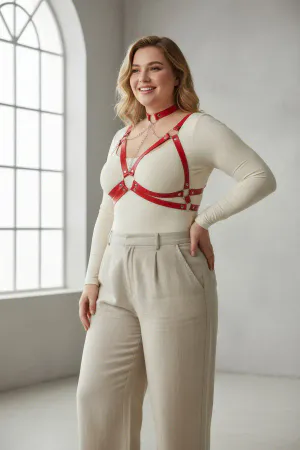 Plus Size Red Women's Belt Chain Detailed Leather Harness - APFT797