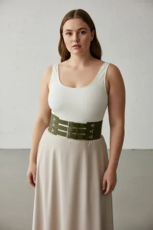 Plus Size Khaki Women's Leather Corset Belt, Thick Waist Accessory with Three Straps - APFT827