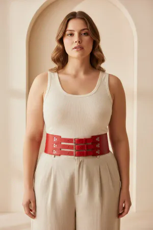 Plus Size Red Women's Belt Corset Model Wide Waist Multi-Buckle Leather - APFT827