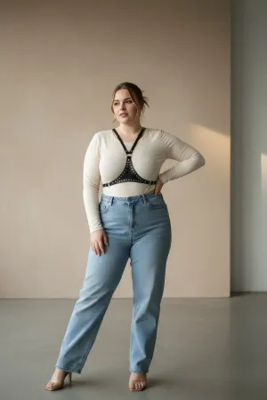 Plus Size Black Women's Belt Studded Leather Body Harness Accessory - APFT850