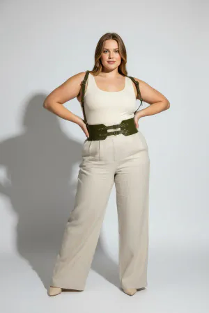 Plus Size Khaki Women's Leather Belt Shoulder Strap Corset Model with Eyelet Detail - APFT853