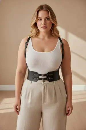 Plus Size Black Women's Leather Belt with Wide Corset Look Shoulder Strap - APFT853