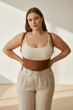 Plus Size Tan Women's Leather Belt Shoulder Strap Lace Up Corset Design - APFT855