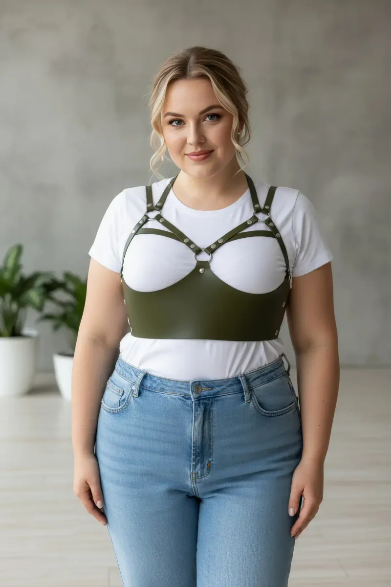 Faux Leather Chest Harness Dark Olive