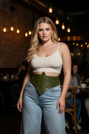 Plus Size Khaki Women's Corset Belt, Thick Waist Accessory with Staple Detail - APFT905
