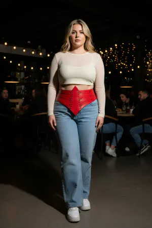 Plus Size Red Women's Belt Corset with Stud Detail - APFT905