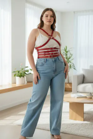 Plus Size Red Women's Belt Shoulder Strap Leather Corset Look - APFT911