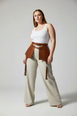 Plus Size Tan Women's Leather Belt, Corset and Tassel Detailed Harness - APFT985