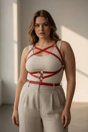 Plus Size Red Women's Belt Leather Body Accessory with Corset Detail - APFT991