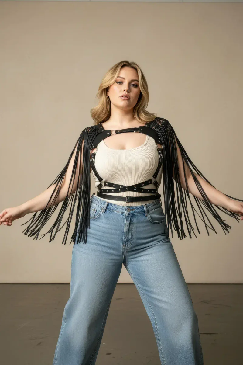Black faux leather shoulder harness with long fringe