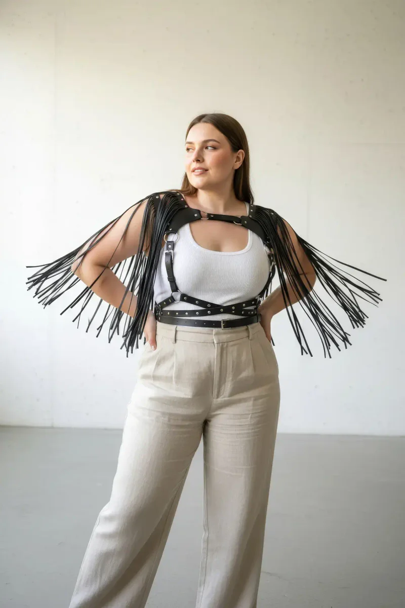 Studded chest harness black faux leather with