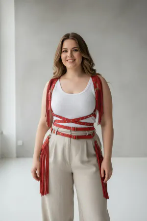 Plus Size Red Women's Belt Tassel Detailed Leather Body Accessory - APFT1005