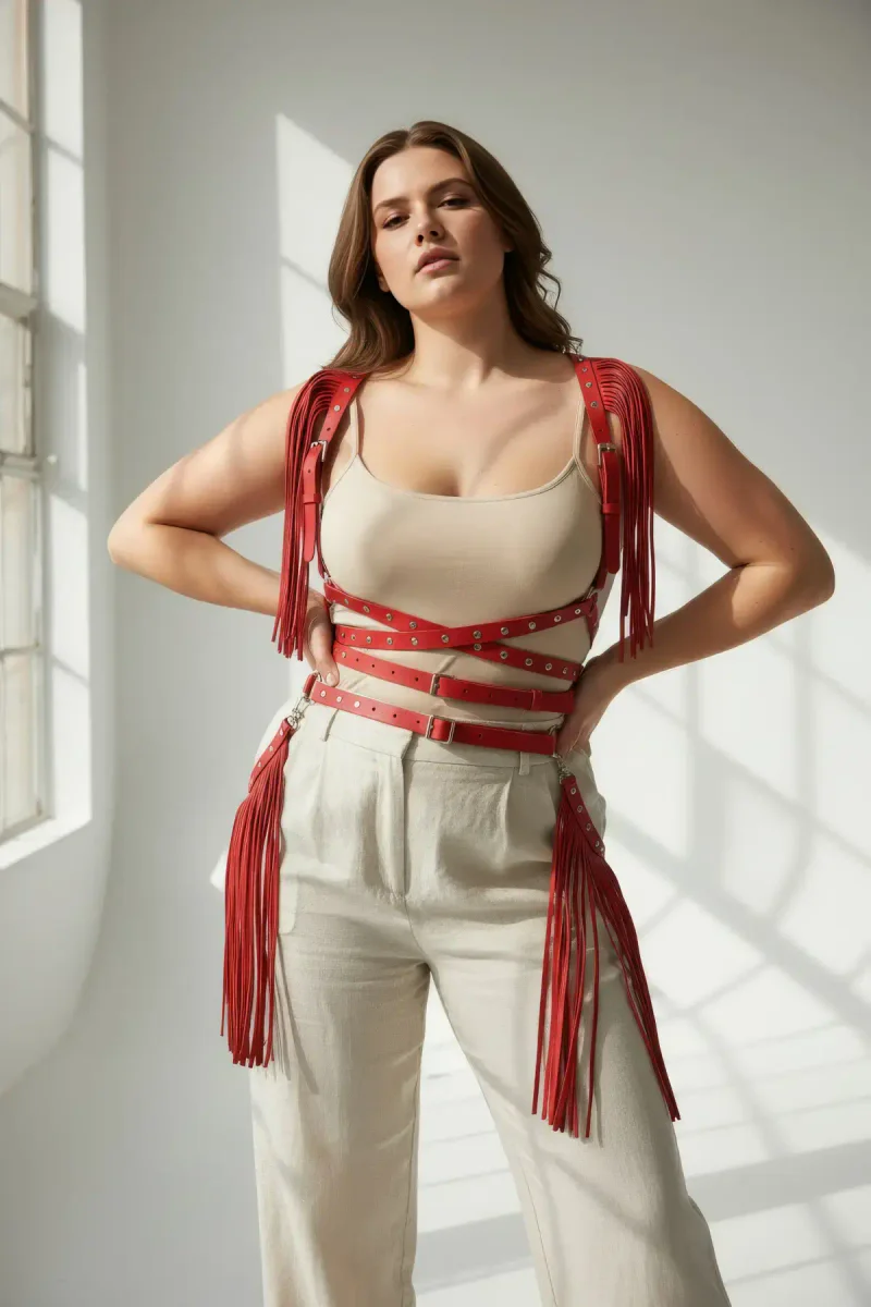 Red Fringed Body Harness Close