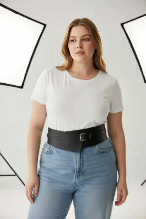 Plus Size Black Women's Belt Wide Cut Bodice Dress Top - APFT1128