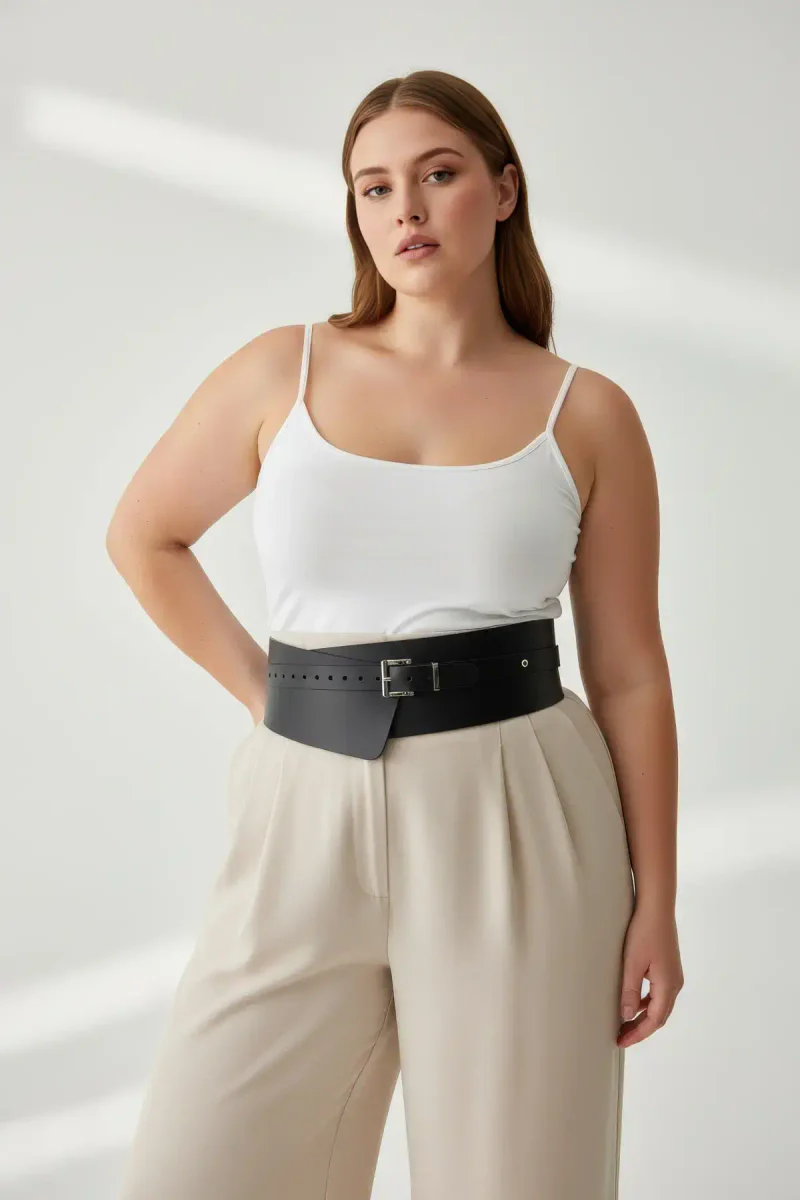 Plus Size Black Women's Belt Wide Cut Bodice Dress Top - APFT1128