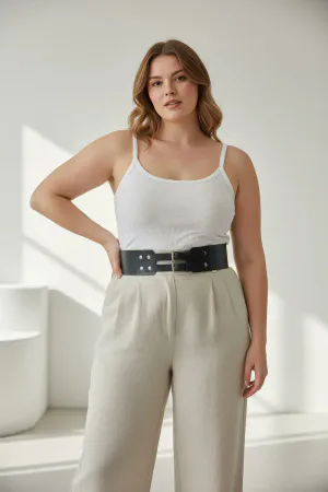 Large Size Black Women's Belt Thick Form with Double Buckle and Studded Detail - APFT1203