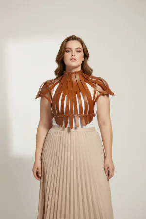 Plus Size Tan Women's Belt Shoulder Strap Staple Detailed Corset Design - APFT1257