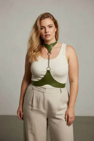 Plus Size Khaki Women's Belt Leather Harness Chain Detailed Body Accessory - APFT1265