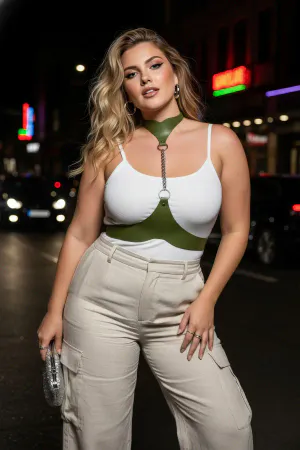 Plus Size Khaki Women's Belt Leather Harness Chain Detailed Body Accessory - APFT1265