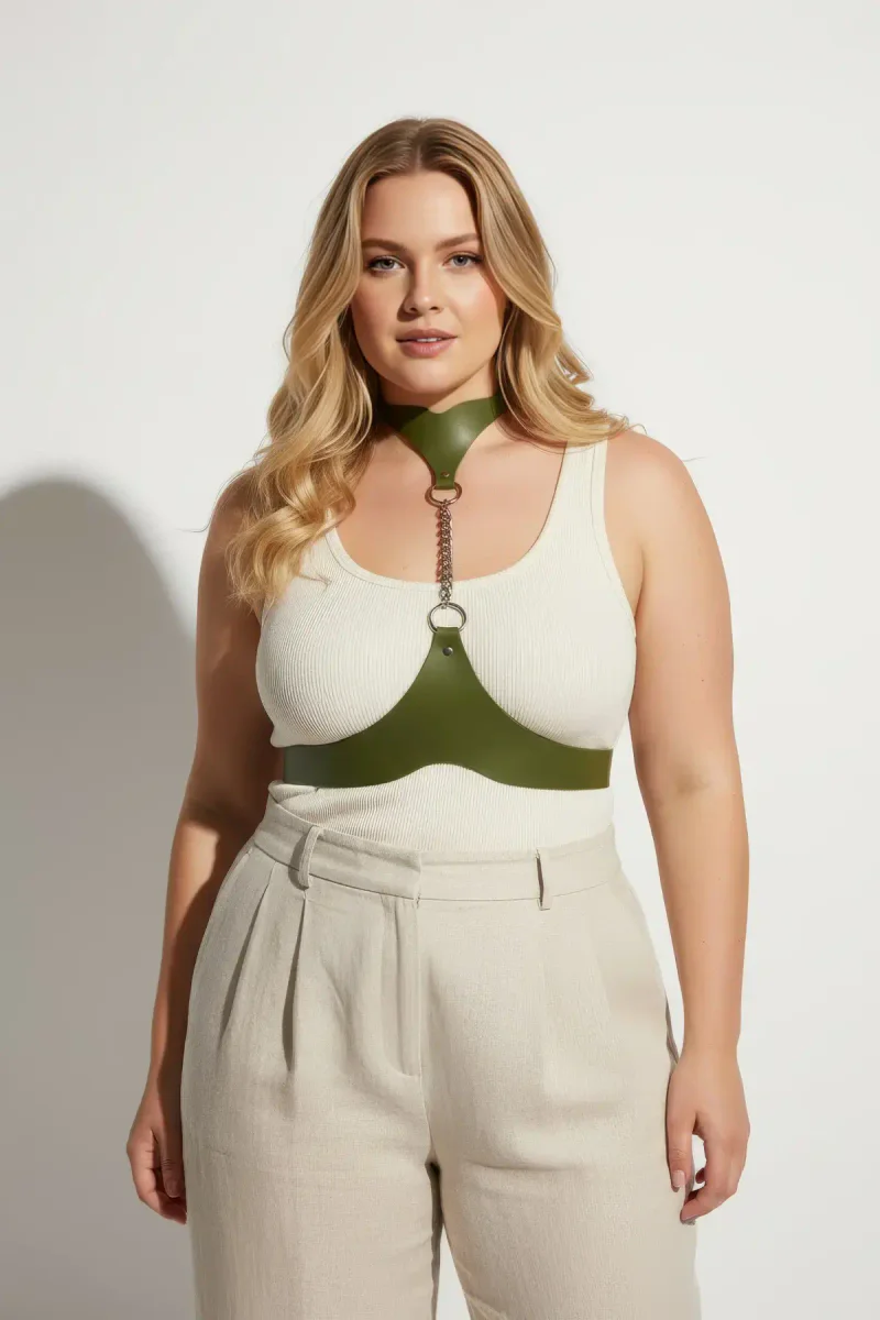 Plus Size Khaki Women's Belt Leather Harness Chain Detailed Body Accessory - APFT1265
