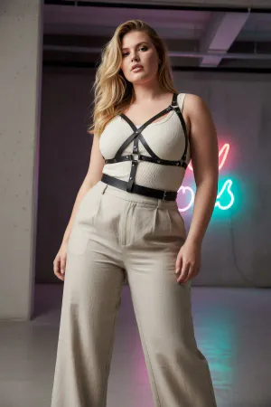 Plus Size Black Women's Belt Harness Detailed Leather Body Accessory - APFT1294